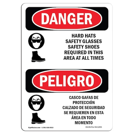 Signmission OSHA Danger, Hard Hats Glasses Shoes Bilingual, 24in X 18in Decal, 18" W, 24" H, Bilingual Spanish OS-DS-D-1824-VS-1295